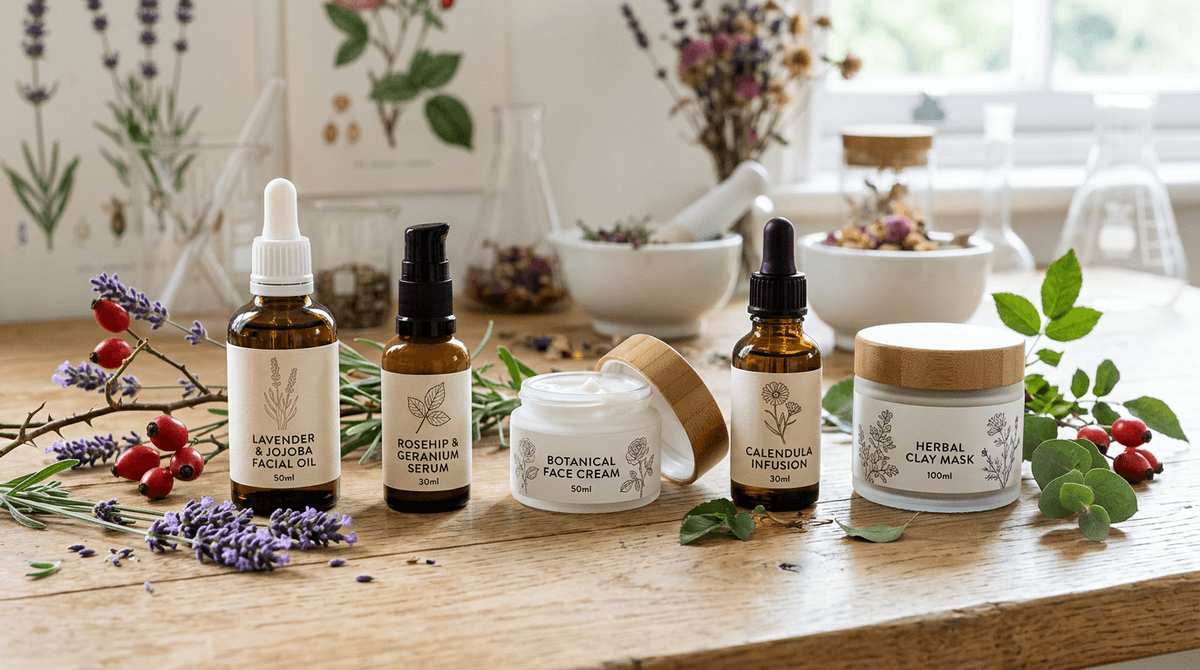 elegant natural cosmetic product lineup — amber glass bottles and white cream jars with minimal botanical labels, surrounded by fresh lavender, rosehip branches and green leaves on light wooden surface, lifestyle beauty editorial