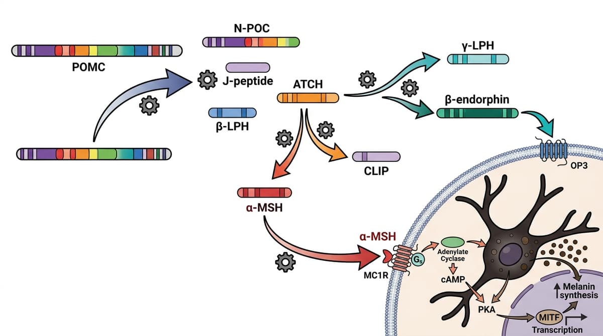 Diagram showing POMC peptide cleavage into alpha-MSH, ACTH and beta-endorphin with melanocyte receptors illustration, scientific educational style, clean white background, labeled arrows