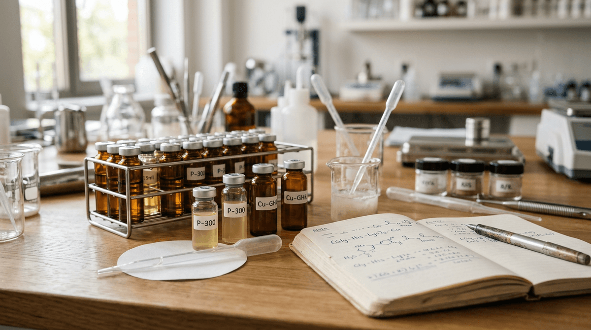 Close-up of cosmetic laboratory setting with small amber peptide vials, glass pipettes and open formulation notebook, professional scientific aesthetic, soft natural lighting