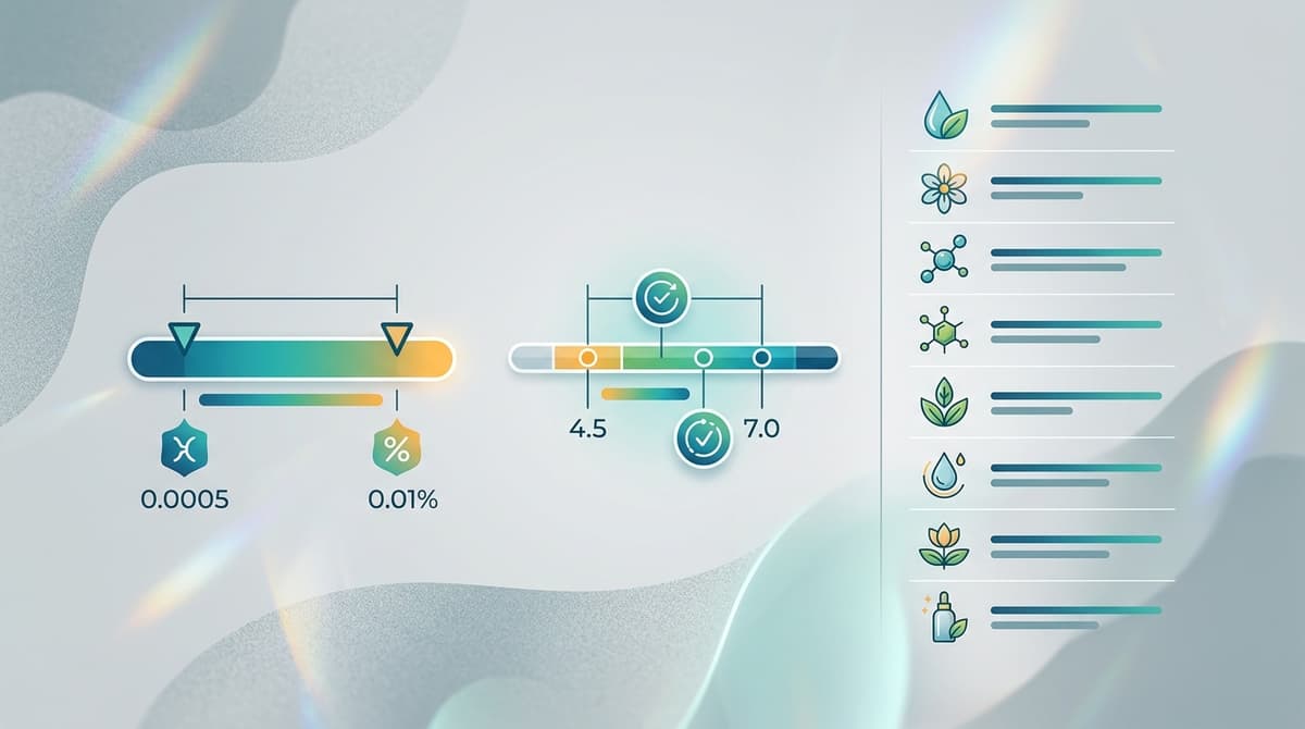Infographic chart showing peptide concentration ranges 0.0005 to 0.01 percent, pH stability window 4.5 to 7.0 and list of compatible actives, clean modern design on light grey background