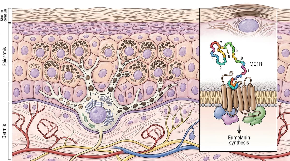 Cross-section educational illustration of skin layers showing melanocytes producing melanosomes transferring to keratinocytes, with peptide molecule binding to MCR1 receptor highlighted, scientific diagram style