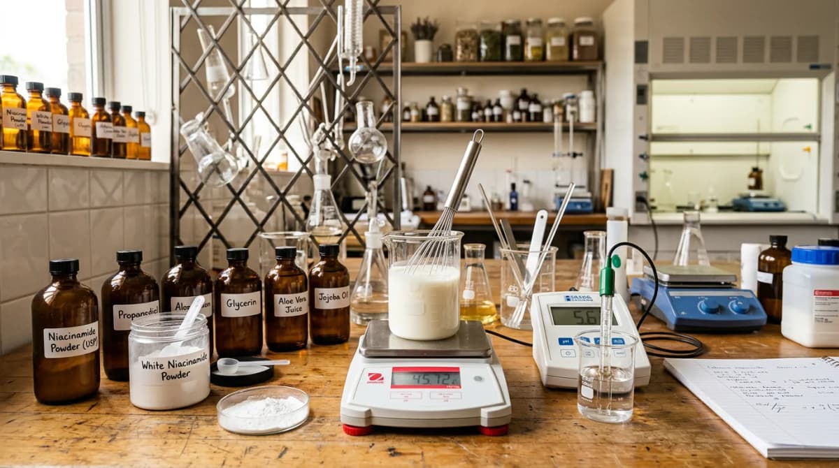 Skincare formulation lab setup with beakers, pH meter, digital scale, and ingredient bottles including white niacinamide powder, professional cosmetic chemistry workspace, warm tones