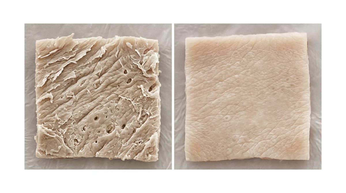 Before and after skin texture comparison illustration, microscopic skin surface visualization, scientific skincare result, clean minimal medical style