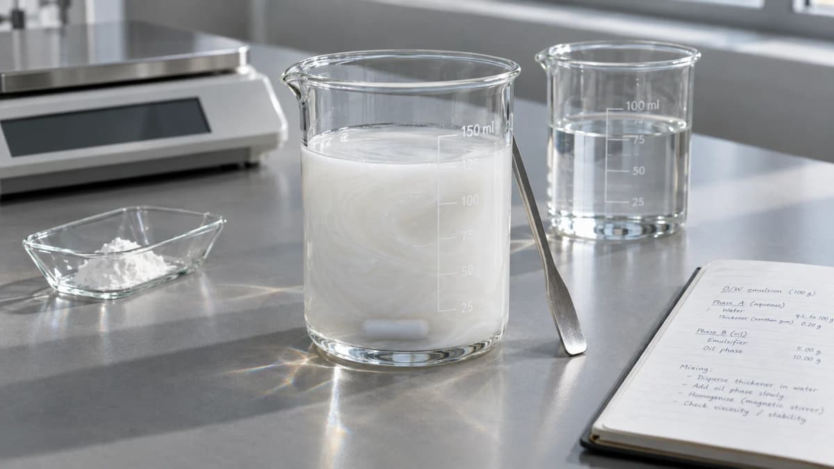 cosmetic chemist mixing cream emulsion in a lab beaker, soft editorial light