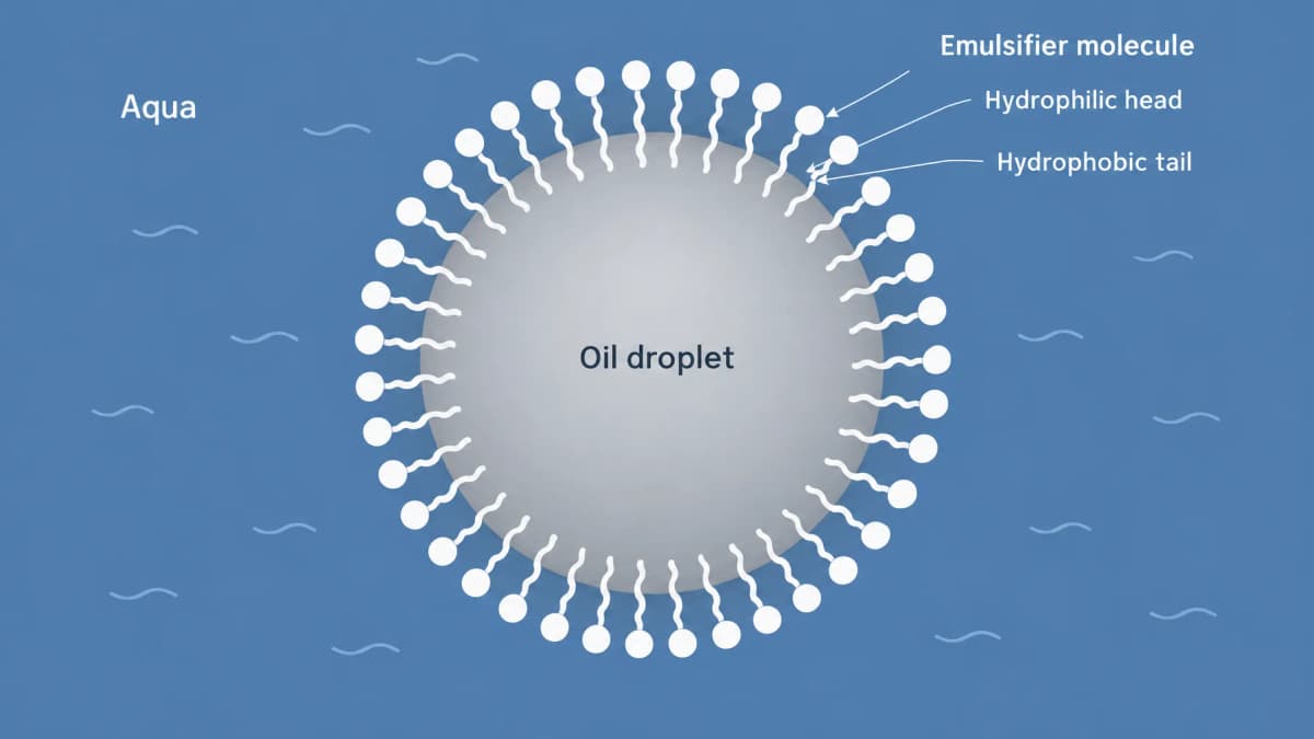 scientific diagram of emulsifier molecule at oil-water interface, minimal style