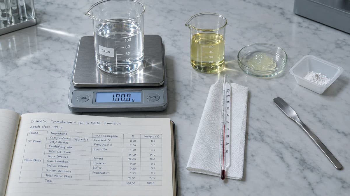 flat lay of cream ingredients, digital scale and thermometer on marble