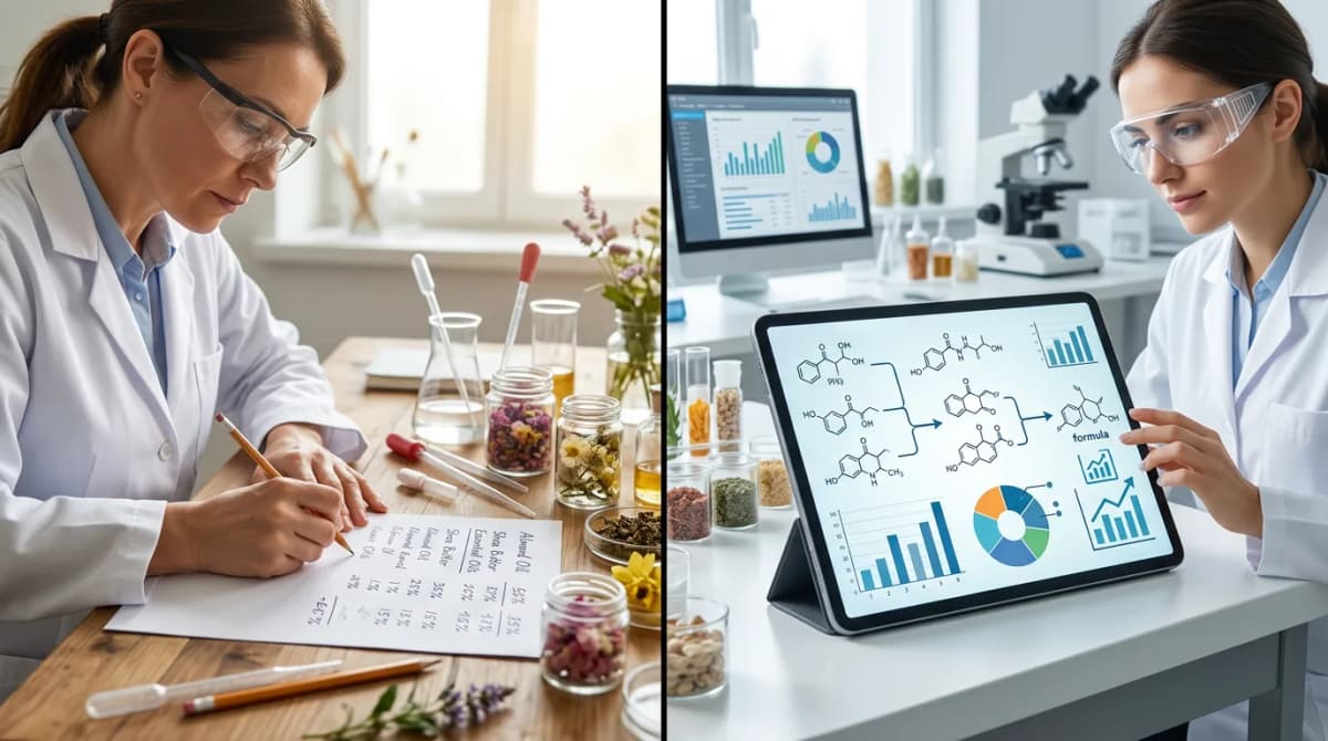 Split image comparing a chemist manually calculating percentages on paper versus an AI interface generating a formula, contrast of analog and digital