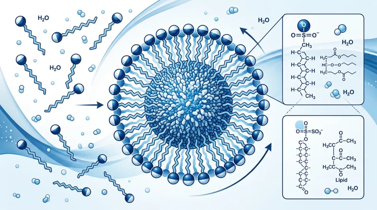 Molecular diagram of SLS micelle formation around a lipid droplet, clean infographic style, blue and white color palette, scientific illustration