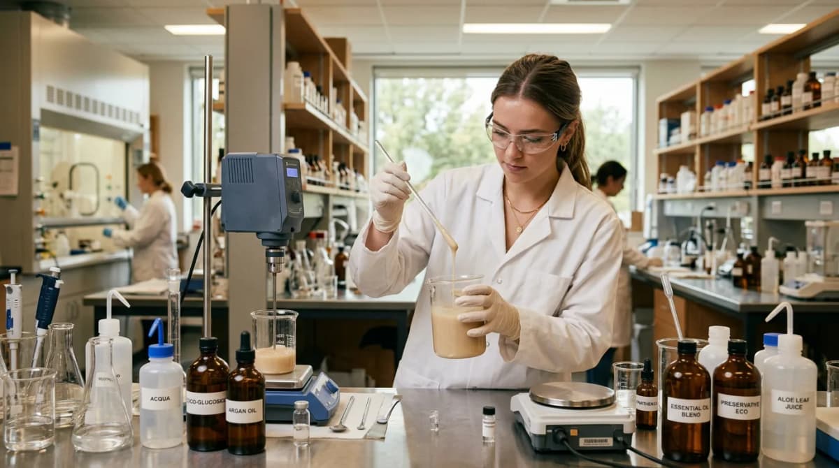 Cosmetic chemist working in modern lab, testing shampoo viscosity with a glass rod, surrounded by glass beakers and labeled ingredient bottles, warm laboratory lighting, candid shot