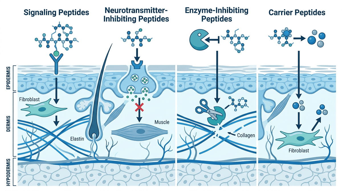 Flat design scientific diagram showing four types of cosmetic peptides (signaling, neurotransmitter-inhibiting, enzyme-inhibiting, carrier) with arrows indicating their mechanisms on skin cross-section, clean white background, blue and teal color palette