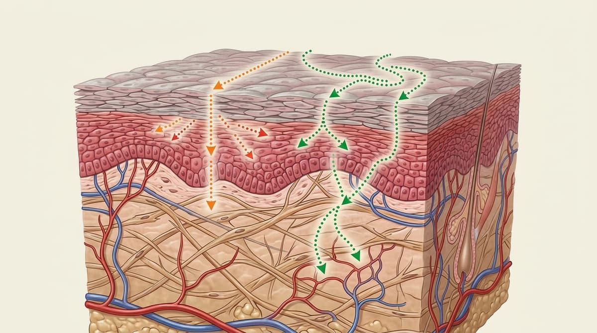 Detailed cross-section illustration of human skin layers (stratum corneum, epidermis, dermis) with labeled peptide penetration pathways shown as dotted arrows, scientific textbook style, neutral background
