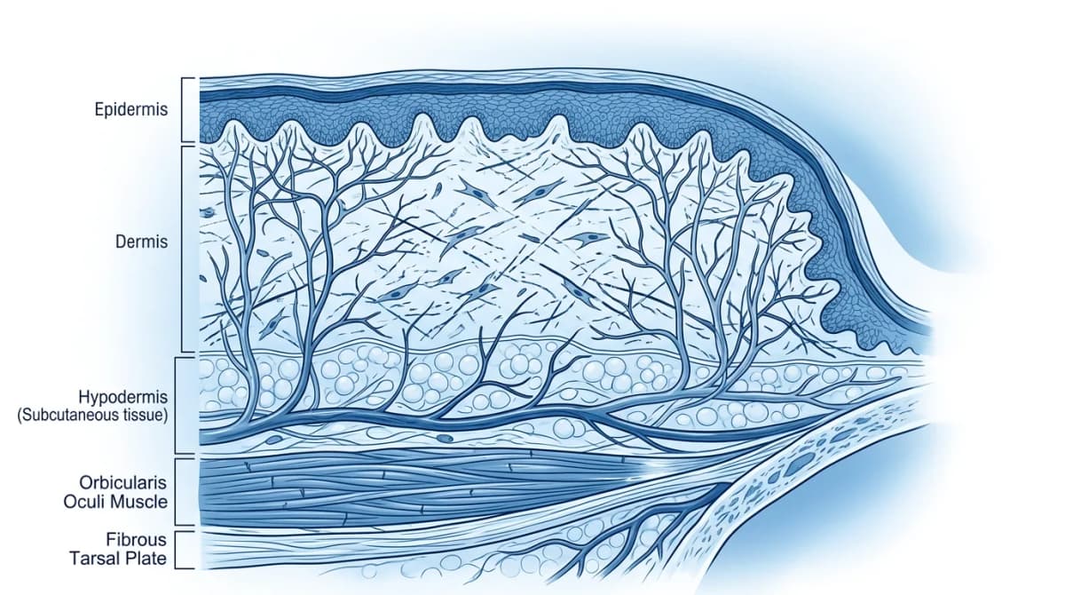 Close-up scientific cross-section illustration of periorbital skin layers showing thin dermis, sparse collagen fibers, lymphatic vessels and capillaries, labeled diagram, cosmetic chemistry educational style, blue and white color palette