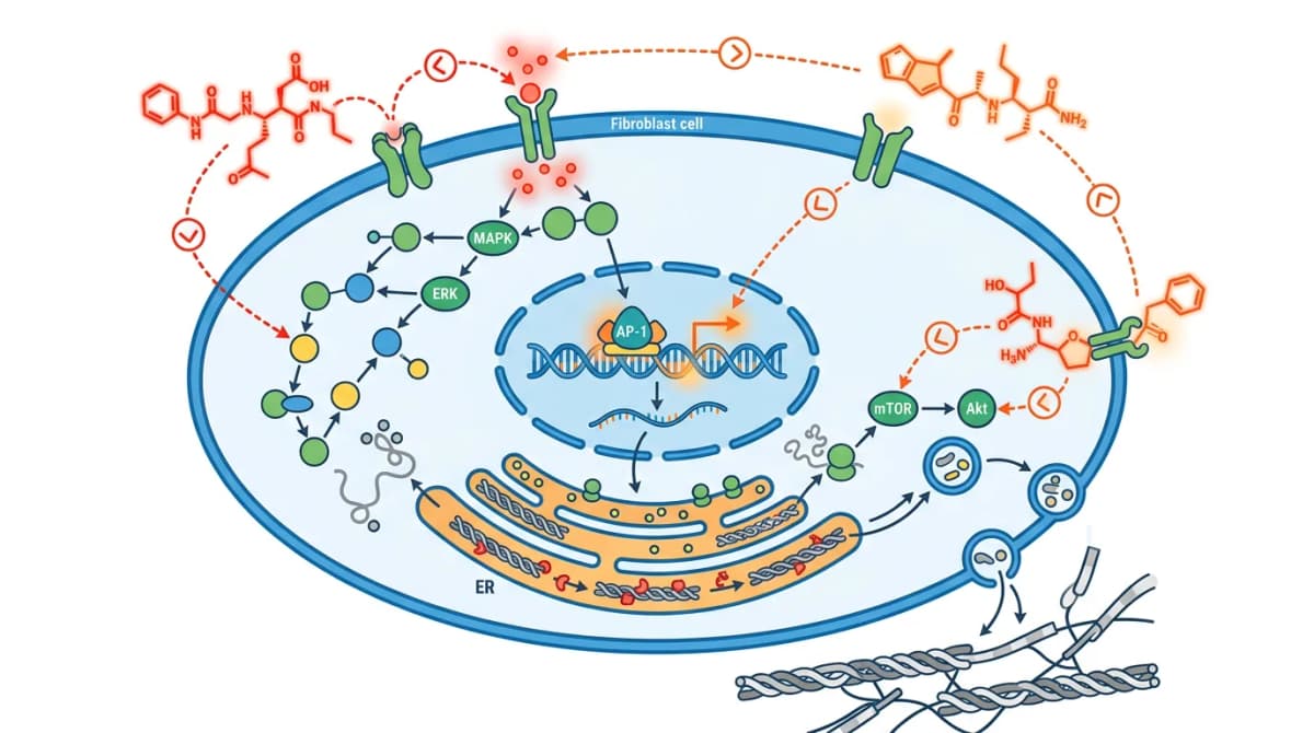Molecular diagram showing peptide signal cascade in fibroblast cells, collagen synthesis pathway with Matrixyl and Argireline molecules highlighted, flat design scientific illustration, clean white background