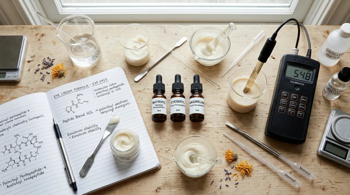 Flat lay of cosmetic chemistry lab setup with labeled peptide vials (Matrixyl, Eyeseryl, Argireline), pH meter, glass beakers, formula notebook and eye cream sample, professional product photography, soft natural lighting