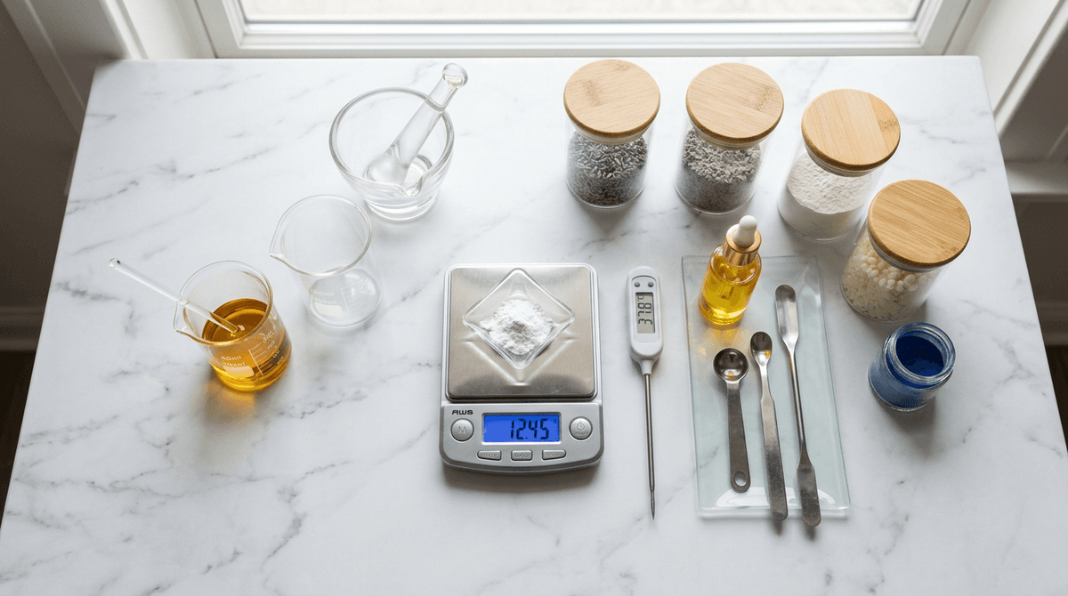 flat lay of cosmetic chemistry lab setup with beakers, digital scale, thermometer, and raw material jars on white marble surface, clean minimalist aesthetic, natural light