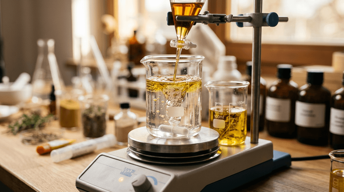 two glass beakers with oil and water phases being combined with magnetic stirrer, warm laboratory lighting, bokeh background, scientific photography style
