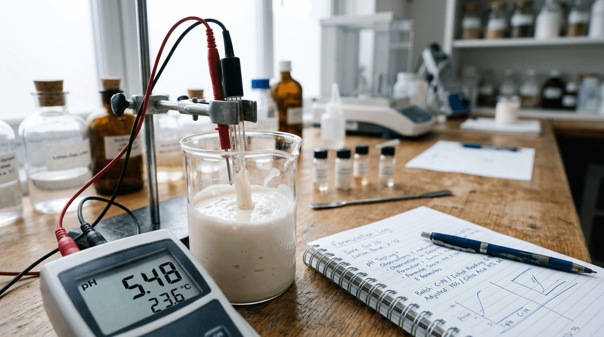 close-up of digital pH meter probe in white cream formula, with open notebook and pen nearby, soft focus background, clinical aesthetic