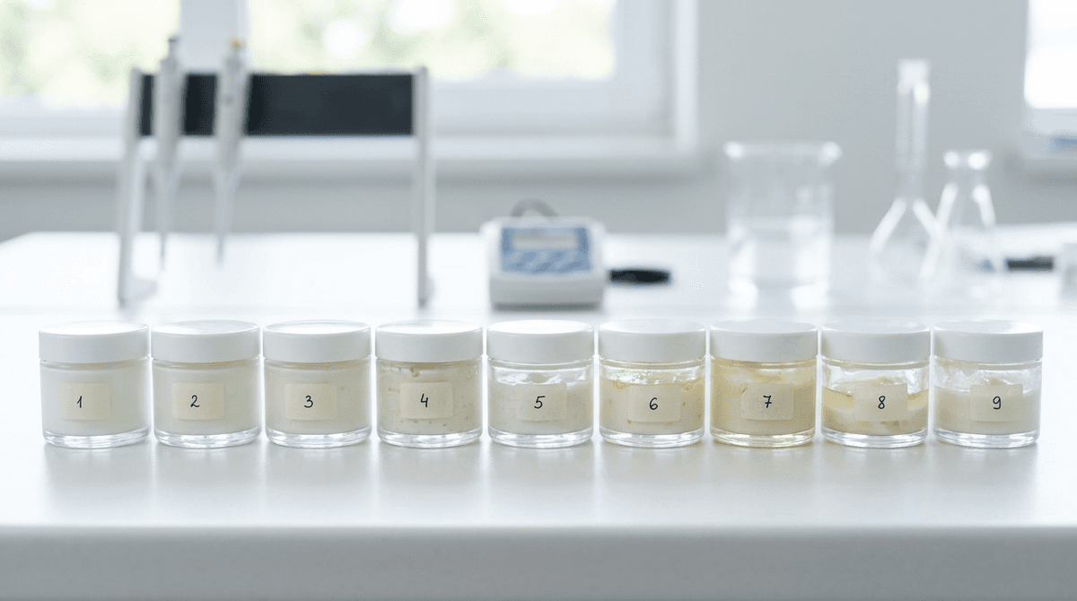 row of small white cream samples in labeled glass jars at different stages of stability testing, arranged on clinical white surface, soft natural light