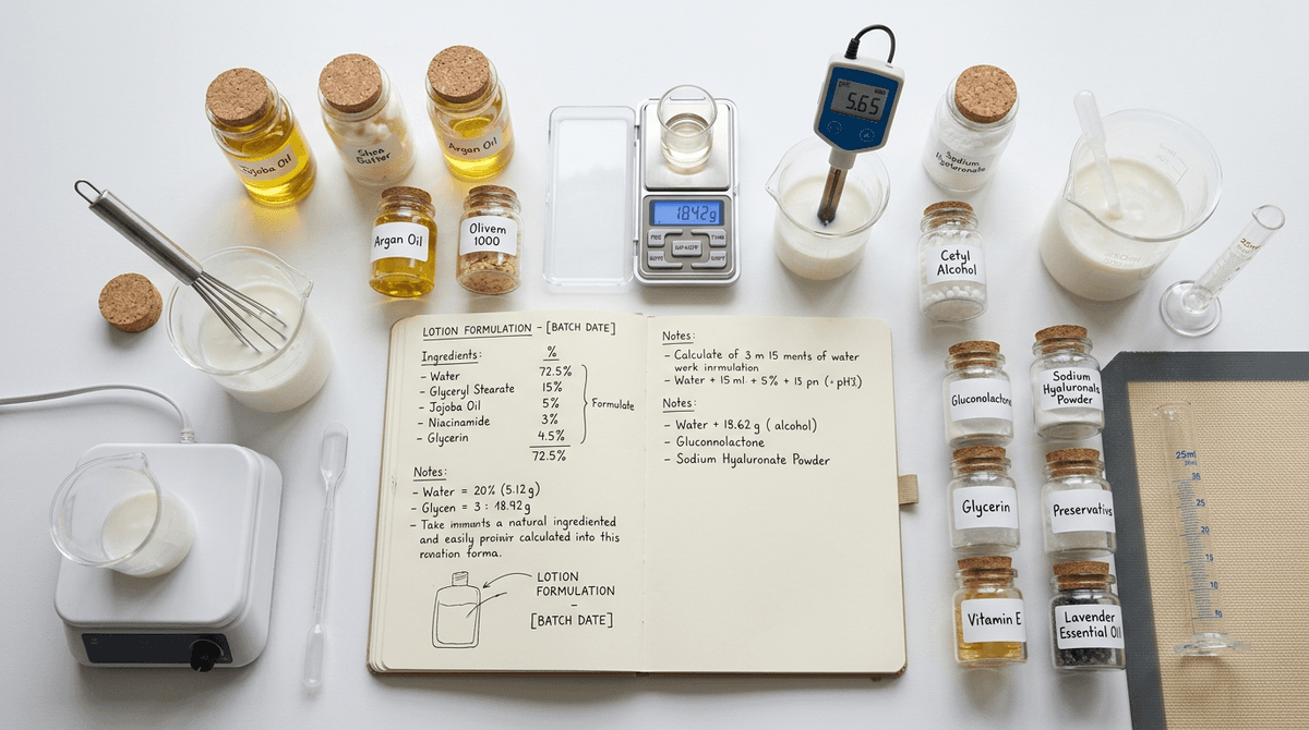 flat lay of cosmetic chemistry lab setup with beakers, pH meter, small digital scale, raw ingredients in labeled glass jars, open notebook with formula calculations and percentages, soft natural light, clean white background, scientific aesthetic