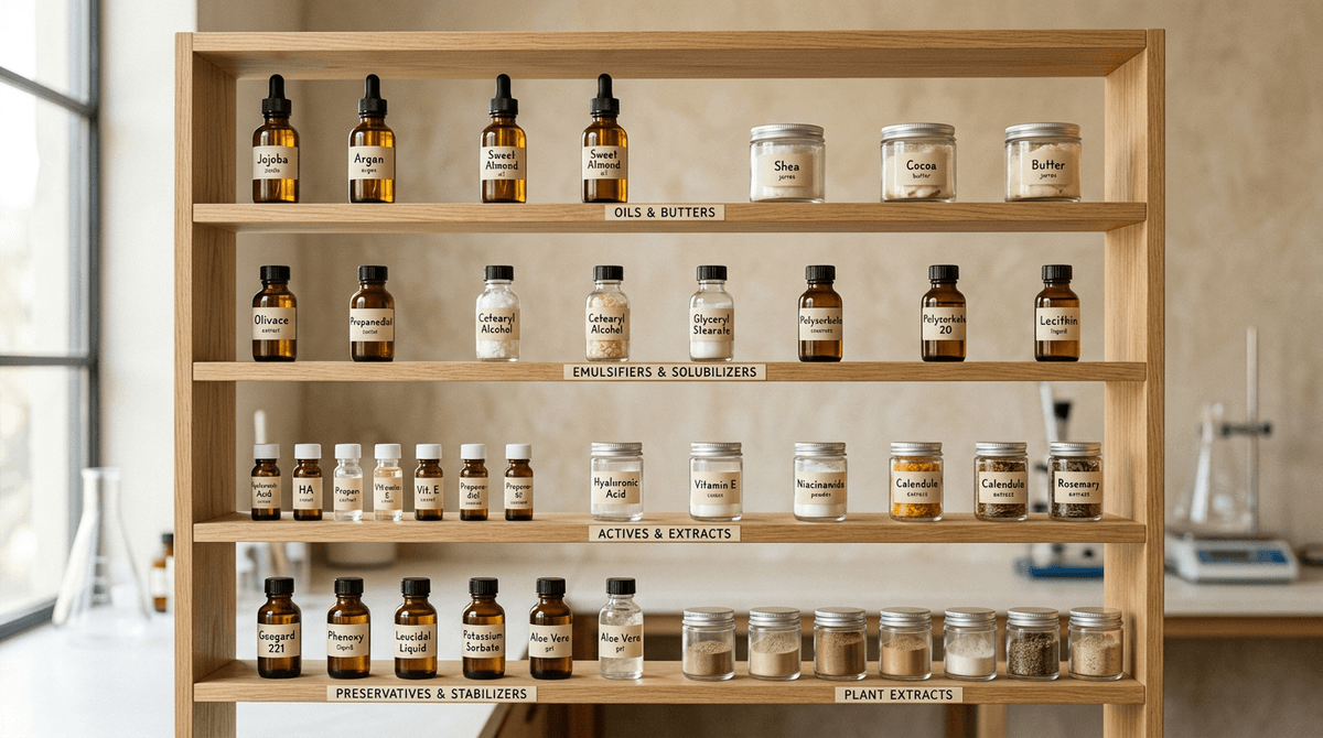 organized cosmetic ingredients shelf with clearly labeled small containers of oils, emulsifiers, actives, and preservatives, minimalist and scientific aesthetic, warm neutral tones, professional photography style