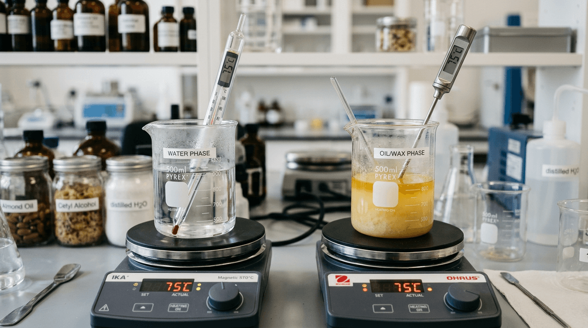 close-up of two separate glass beakers being heated on hotplates, one with clear water phase, one with melted oils and waxes, thermometer showing 75 degrees Celsius, professional cosmetic lab setting, shallow depth of field