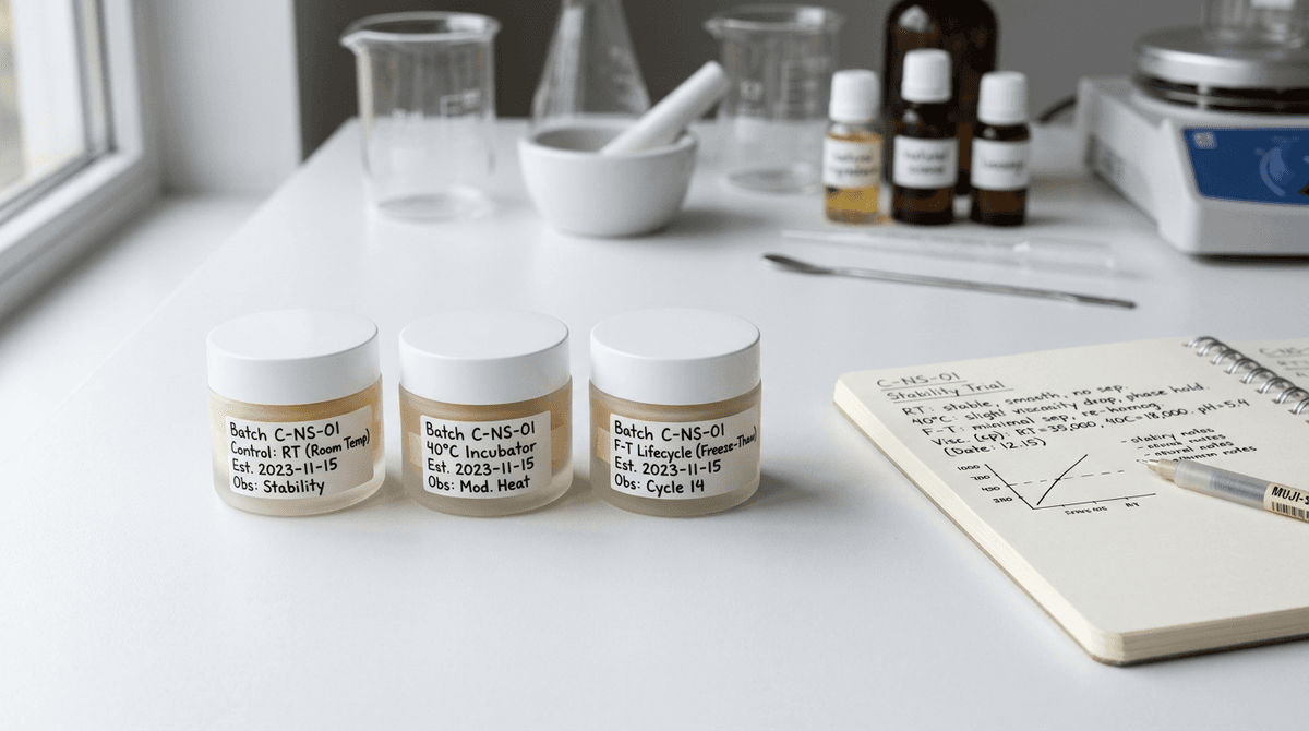 three identical small white cream jars labeled with handwritten dates and storage conditions - room temperature, 40C incubator, freeze-thaw cycle, arranged on a clean white surface next to an open notebook with stability test observations