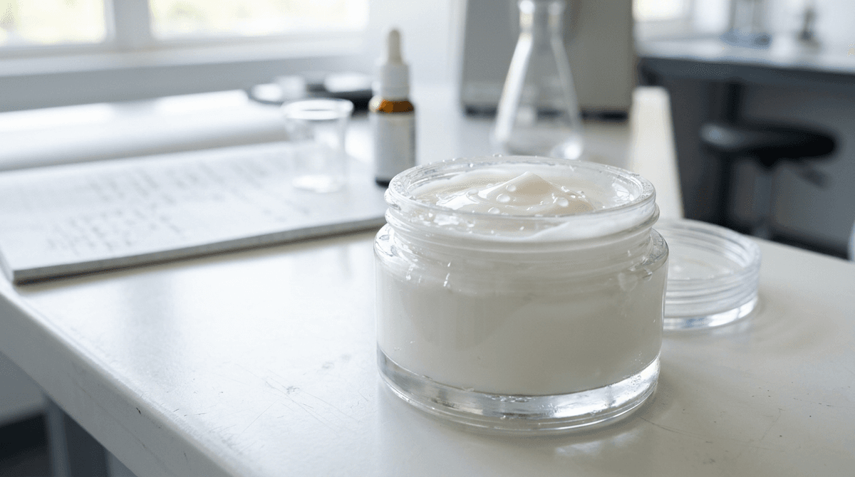Close-up of a white cream emulsion in a glass jar with water droplets on the surface, scientific laboratory aesthetic, soft natural light, clean minimalist composition