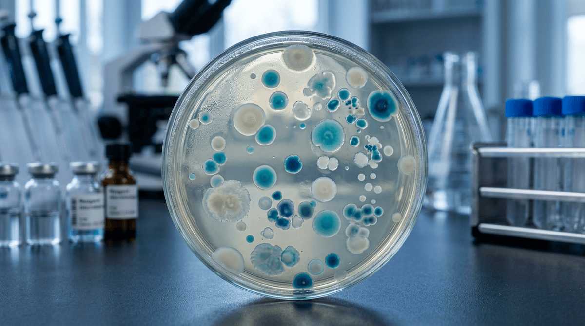Petri dish with bacterial colonies growing on agar medium, microscopic scientific photography style, blue and white tones, professional lab setting