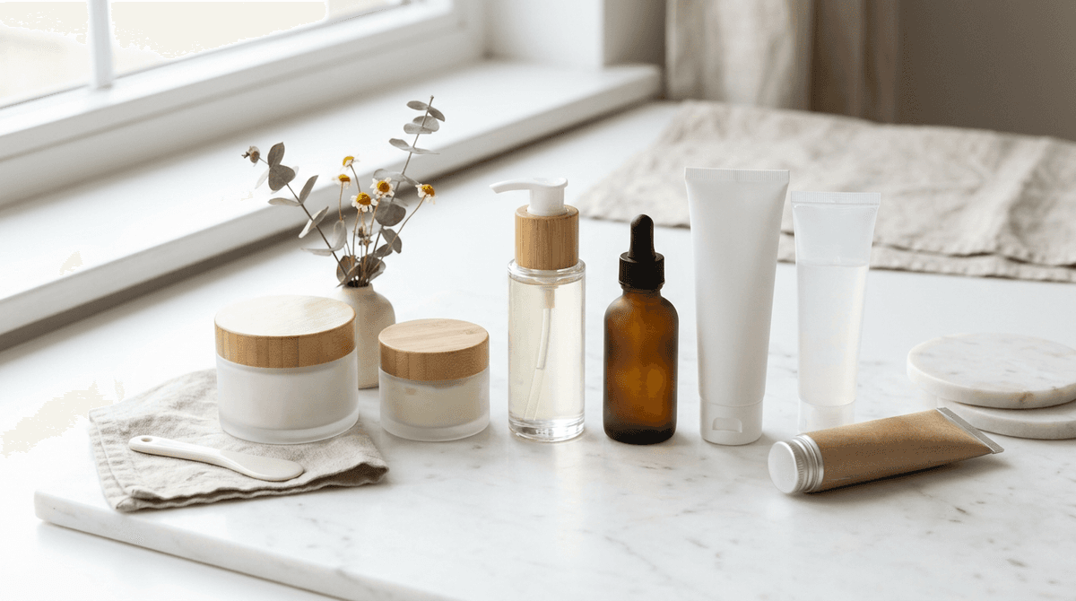 Various cosmetic packaging types - pump bottles, tubes, glass jars with wide and narrow openings arranged on white marble surface, minimalist beauty editorial aesthetic