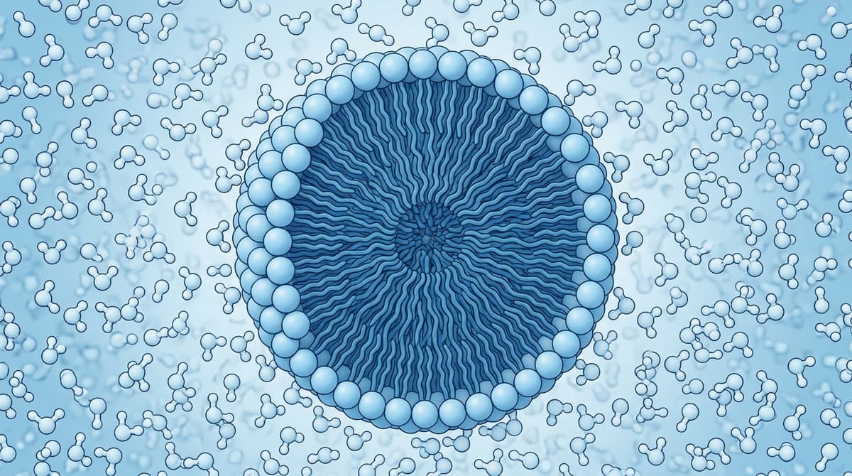 Close-up cross-section diagram of a surfactant micelle with hydrophilic heads pointing outward and lipophilic tails pointing inward, surrounded by water molecules, clean scientific illustration style with soft blue and white color palette