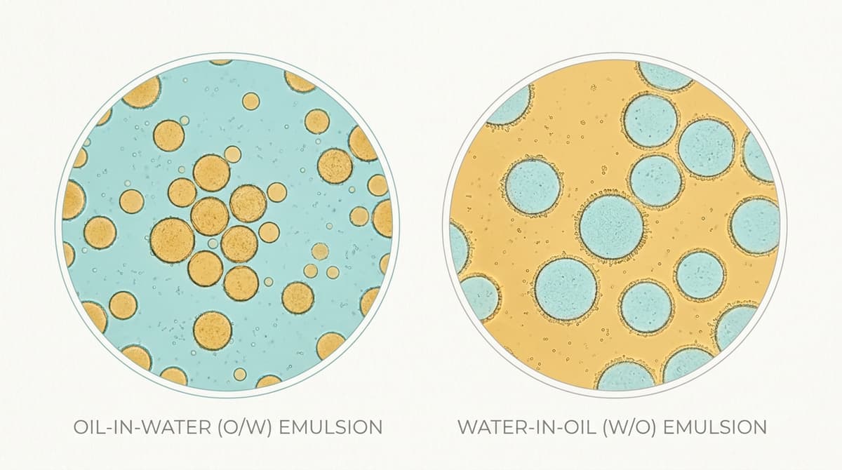 Side-by-side comparison of oil-in-water and water-in-oil emulsion droplet structures, microscopy-style illustration with labeled phases, soft pastel tones, minimal design