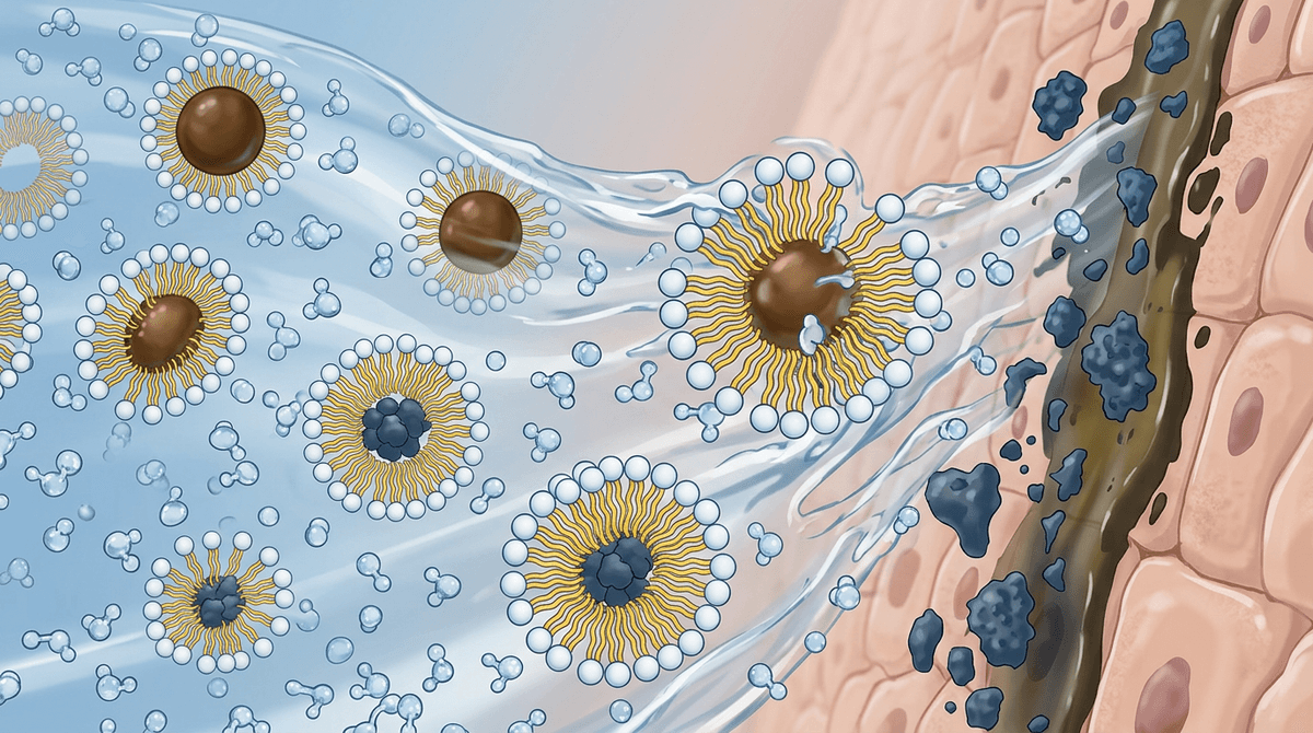 Molecular animation-style illustration showing surfactant micelles trapping dirt and sebum particles during cleansing, with water molecules washing them away, educational diagram aesthetic