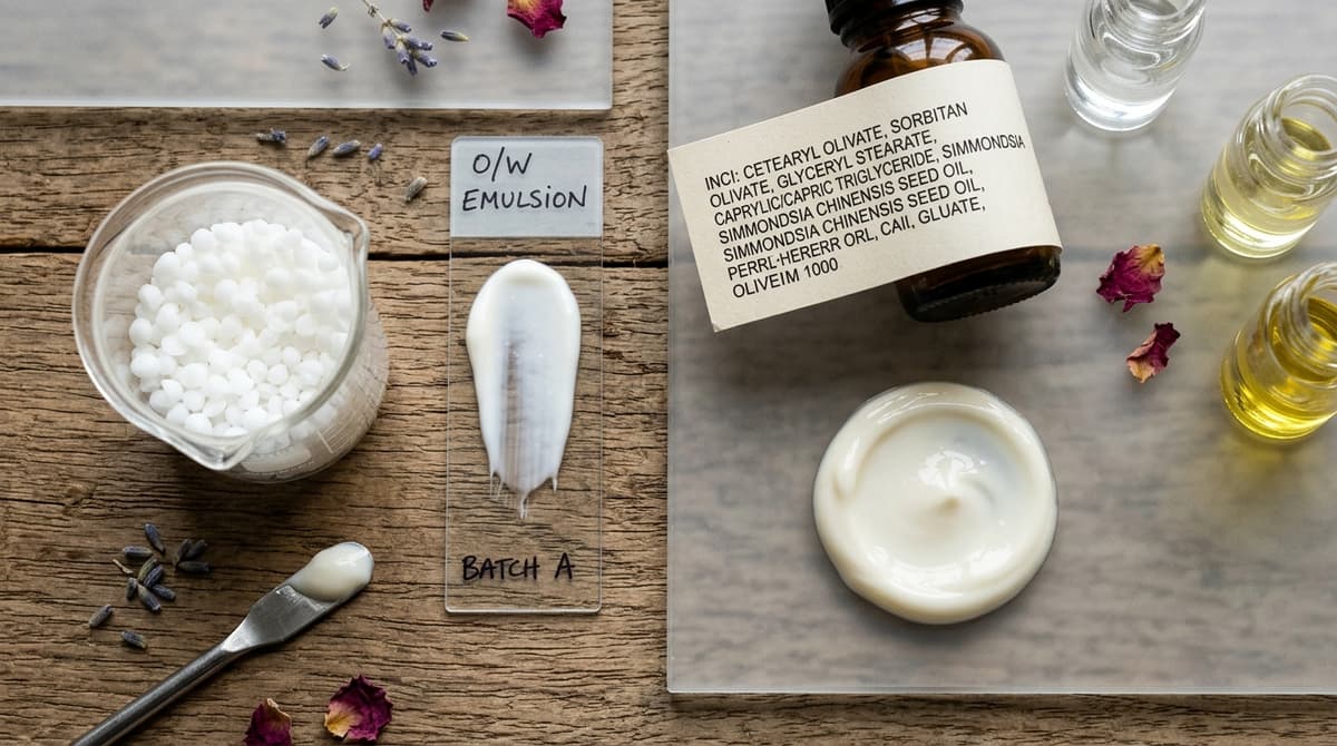 Flat lay of cosmetic chemistry ingredients — glass beakers with white emulsifier pellets, a microscope slide with cream smear, printed INCI label closeup, and a finished cream texture swatch on frosted glass surface, natural light, editorial photography style