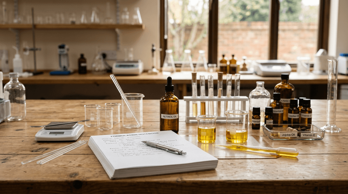 Cosmetic laboratory setup with amber glass containers, small beakers with yellow retinol oil solution, measuring pipettes, formulation notebook, soft natural studio lighting, no people, professional product photography