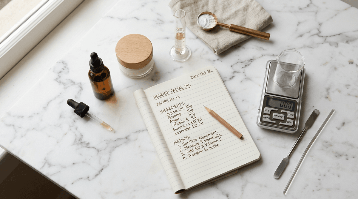 Minimalist flat lay with amber dropper bottle, small cream jar, precision scale, measuring tools, handwritten formulation notes on white marble surface, warm neutral tones