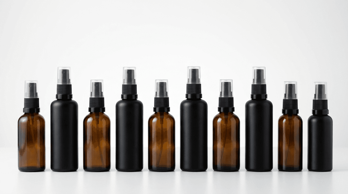 Row of airless pump cosmetic bottles in dark amber and opaque black colors, professional product photography, clean white background, soft shadows, beauty industry aesthetic