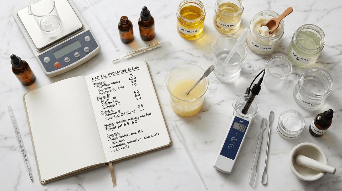 Flat lay of cosmetic formulation lab setup — beakers, pipettes, raw material jars, pH meter, notebook with formula draft on white marble surface, soft natural lighting, editorial style