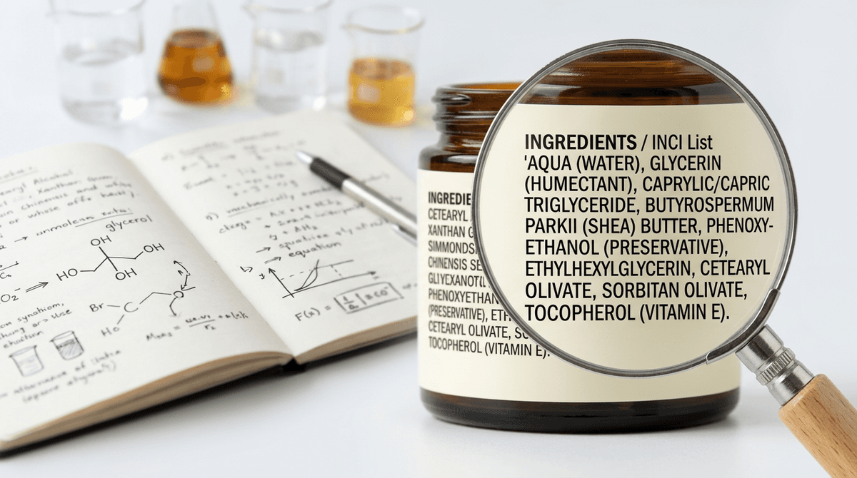 Close-up of cosmetic product label with INCI ingredient list, magnifying glass highlighting key ingredients like Glycerin and Phenoxyethanol, scientific notebook in background, clean white background