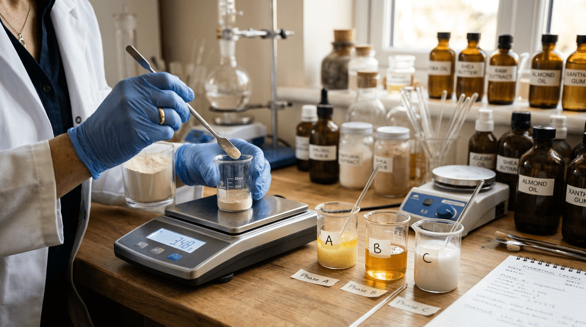 Cosmetic chemist hands measuring ingredients on precision digital scale, small glass beakers with different phases labeled A B C, professional home lab setting, warm focused lighting