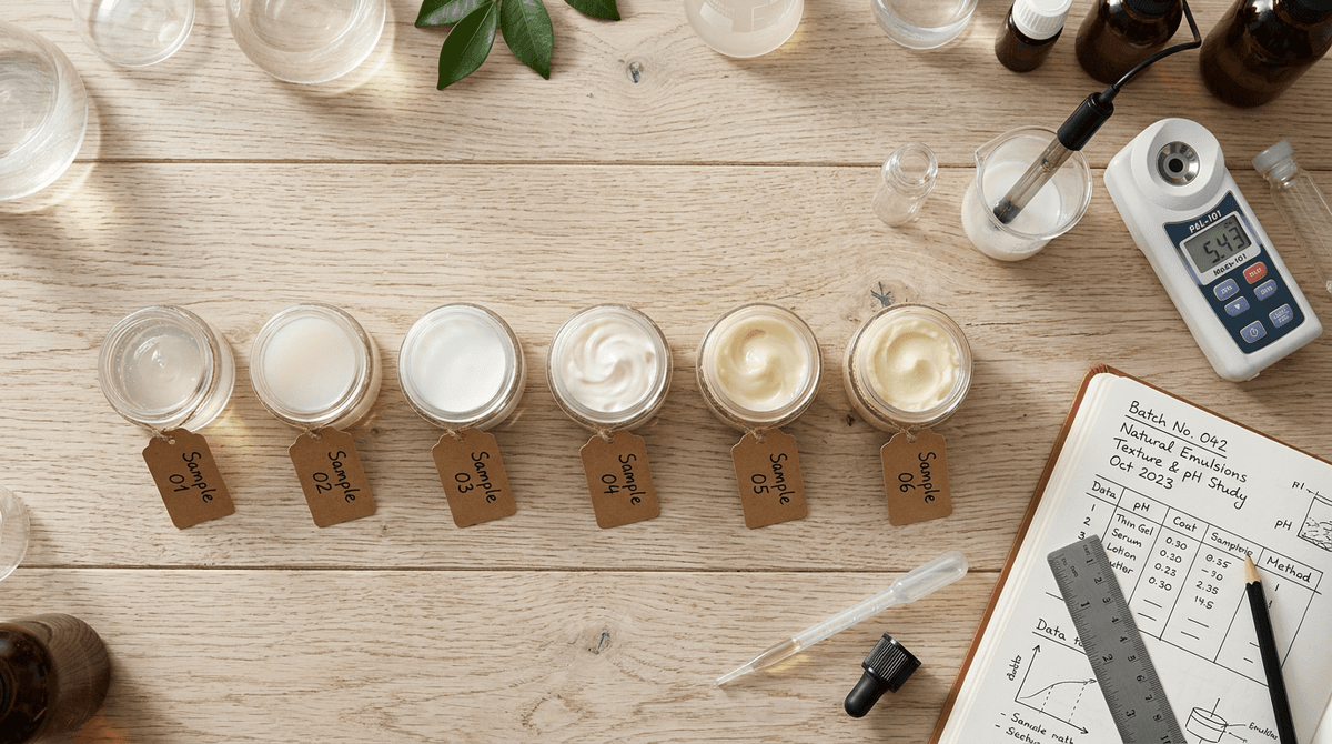 Series of small cosmetic cream samples in labeled glass jars showing different texture variations from thin gel to thick cream, scientific testing setup with pH meter and handwritten notes, top-down flat lay view
