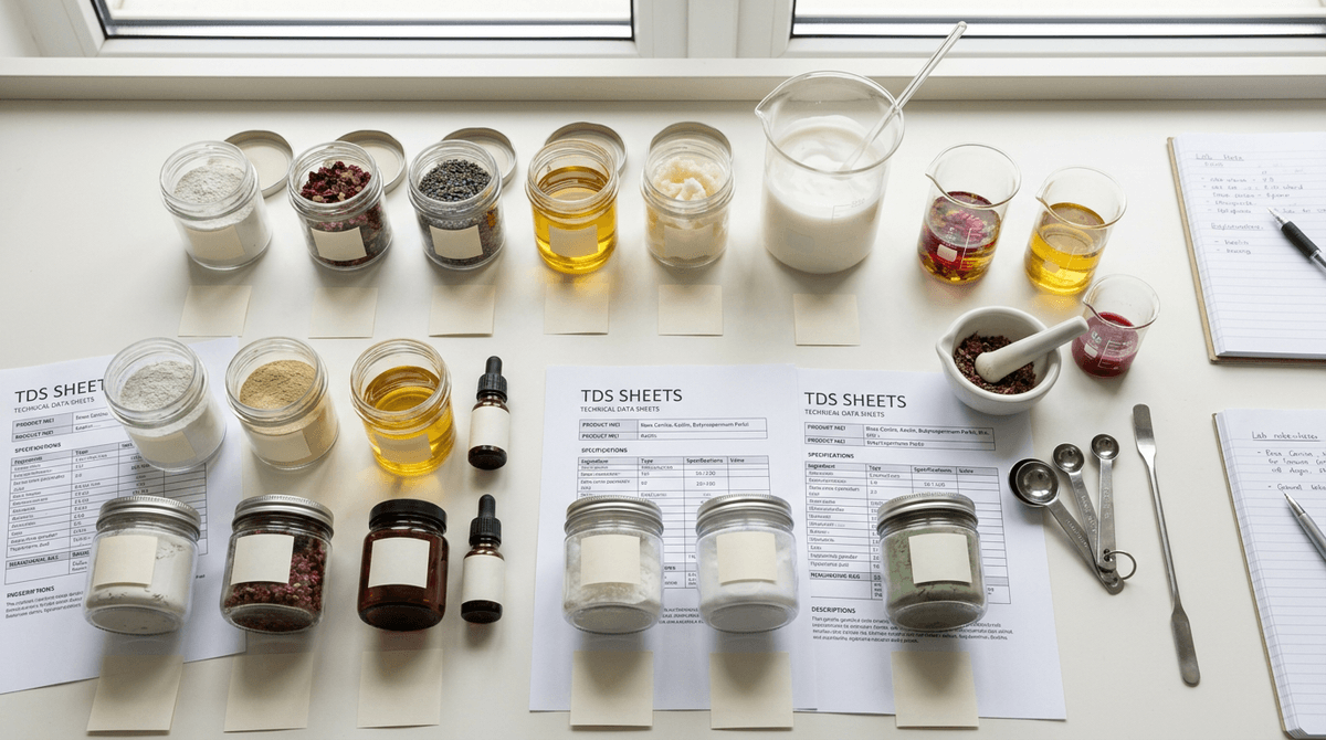 Flat lay of cosmetic raw materials in small glass jars and beakers on a white lab surface, with ingredient labels and TDS sheets, soft natural lighting, clean aesthetic, top view
