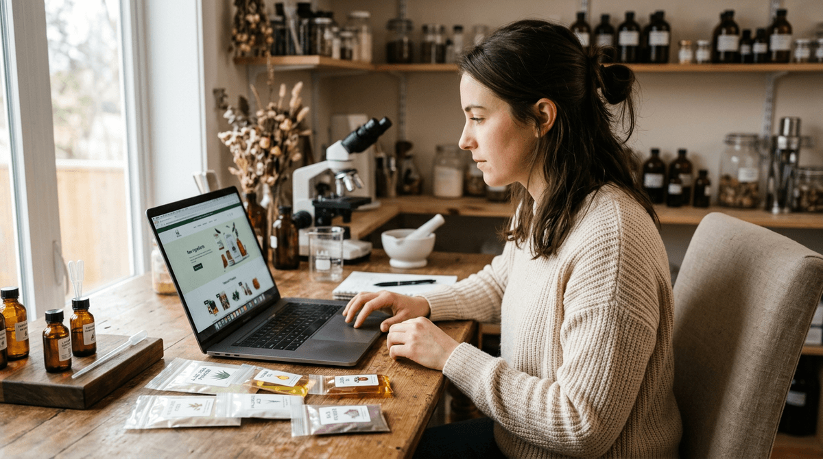 Person browsing cosmetic ingredient supplier website on laptop, with small labeled sample packets of raw materials nearby, warm home lab atmosphere, shallow depth of field