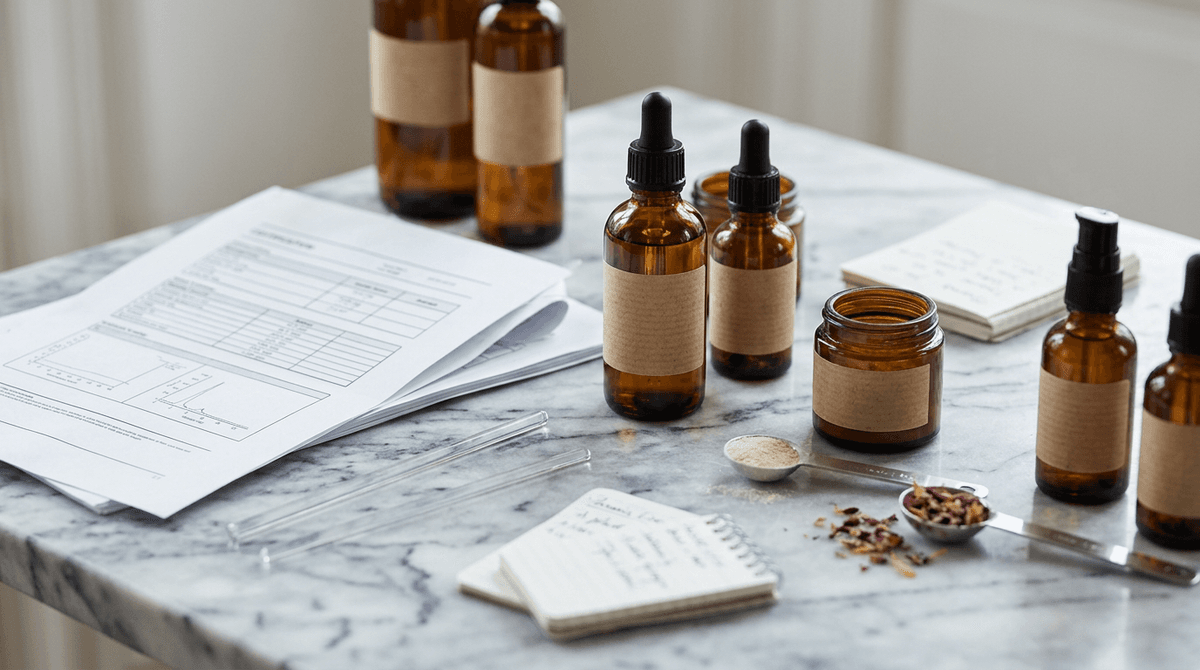 Close-up of cosmetic ingredient labels showing INCI names, batch numbers, and certificates of analysis documents arranged on a marble surface, editorial style photography