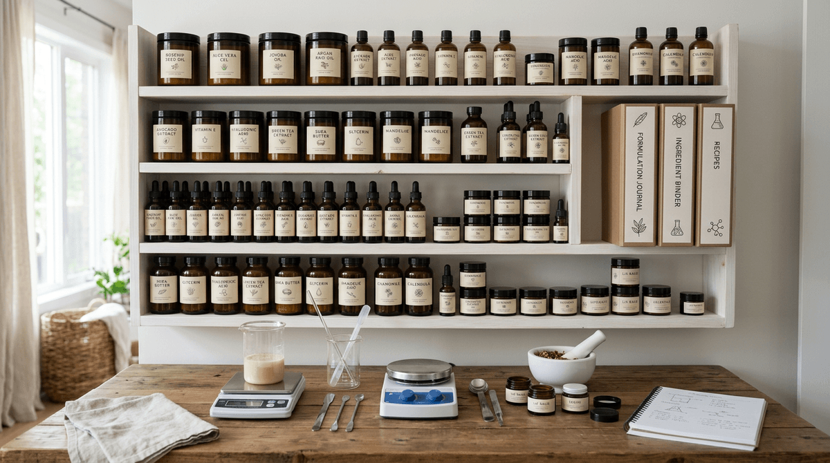 Organized cosmetic raw materials storage shelf with labeled amber glass jars, dropper bottles, and ingredient binders in a clean minimalist home lab setup, soft daylight