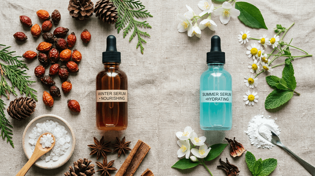 A flat lay of two serums side by side — one with rich amber tones for winter, one with light aqua tones for summer, surrounded by seasonal botanical ingredients like rosehip berries and niacinamide powder on a neutral linen background