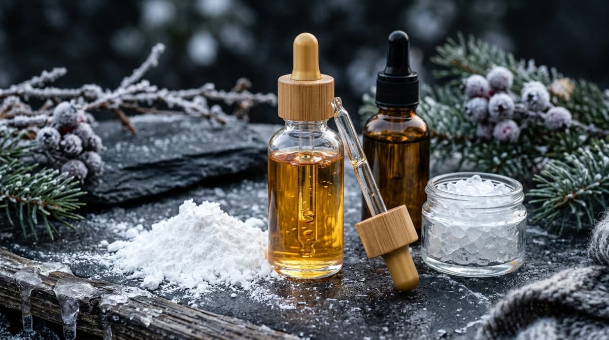 Close-up of a glass dropper bottle with golden serum, surrounded by ceramide powder, squalane bottle, and panthenol crystals on a dark winter-themed background with subtle frost texture