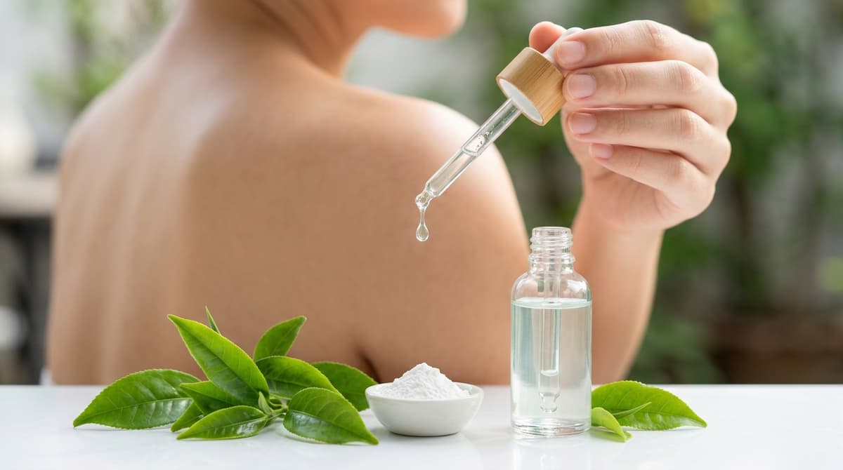 Light watery serum being dropped onto skin in a summer setting, with green tea leaves, niacinamide powder and lightweight dropper bottle on a bright white background with natural sunlight