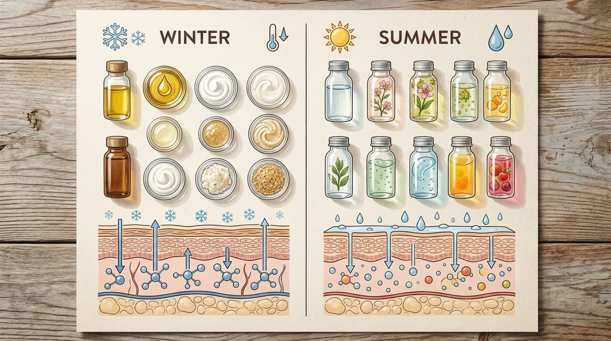 Ingredient comparison chart showing winter vs summer serum components illustrated as two columns with ingredient vials, temperature and humidity icons, and simplified skin cross-section diagrams