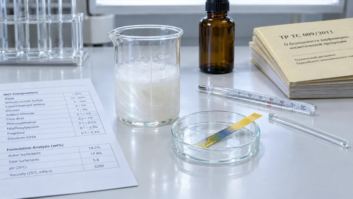 Cosmetic chemist testing shampoo pH with a strip in a bright laboratory, editorial beauty style