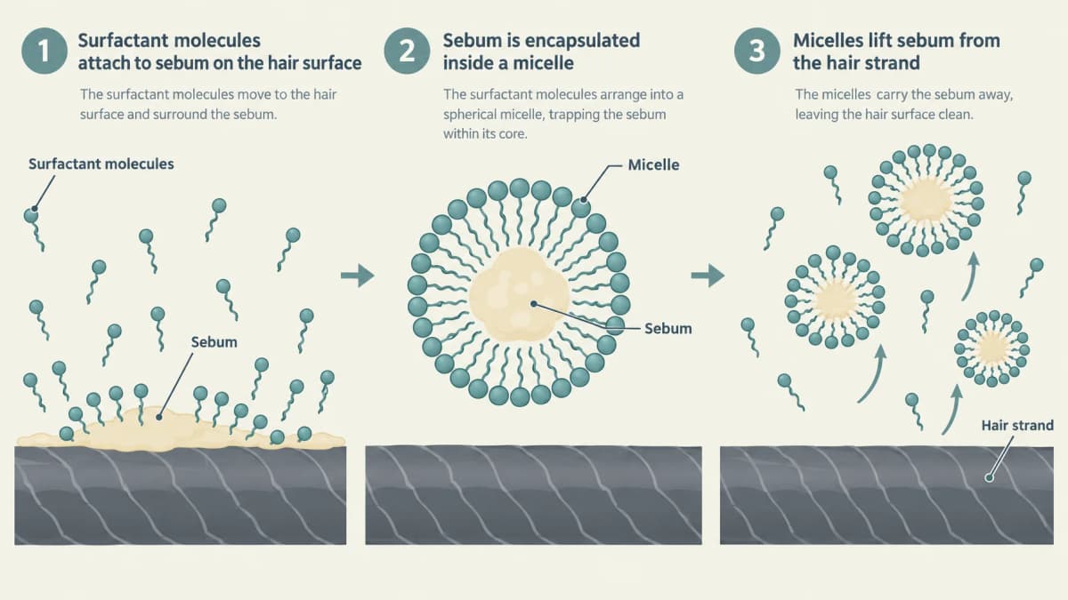 Micelle diagram showing surfactant molecules removing sebum from a hair strand, clean infographic